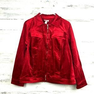 Chico’s Women’s M Red Cotton Velvet Long Sleeve Button Front Holiday Jacket Coat